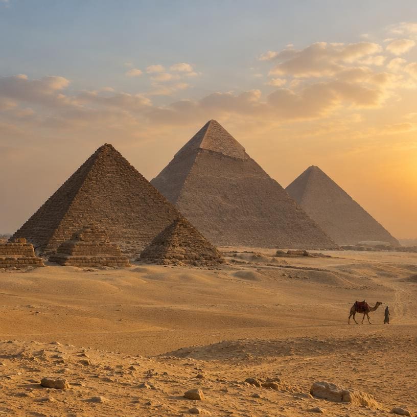 The pyramids of Giza in the desert