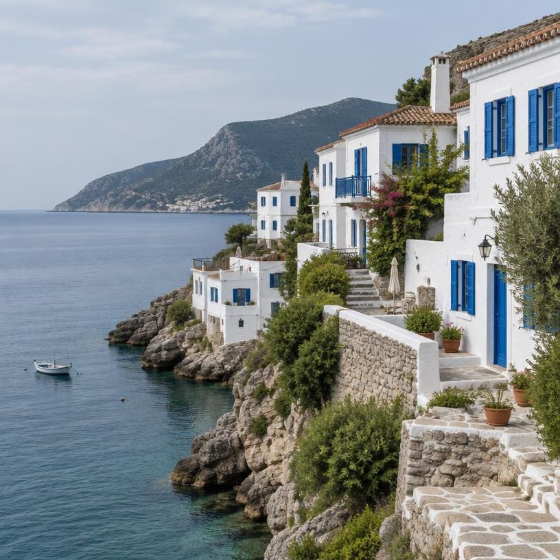 Whitewashed coastal village above a calm Mediterranean sea