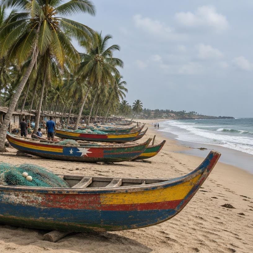 Fishing boats on a palm-lined beach in Ghana