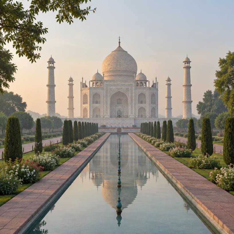 The Taj Mahal in Agra behind its reflecting pool