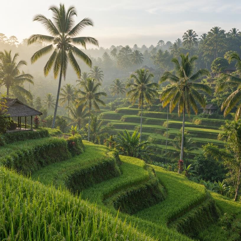 Green rice terraces and palm trees in Bali