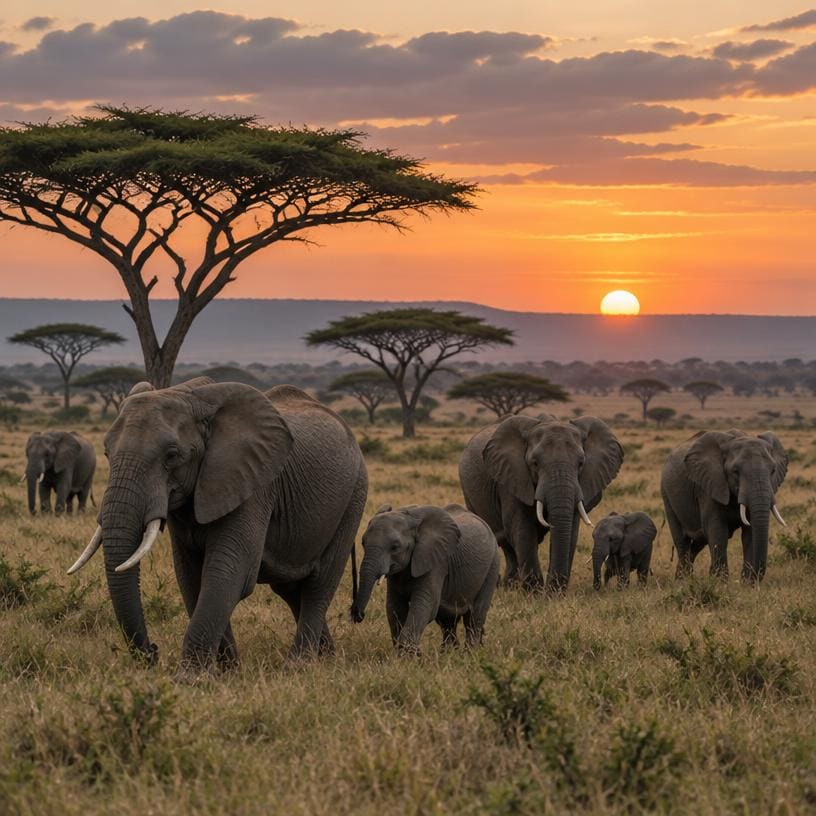 Elephants on the savanna in Kenya at sunset