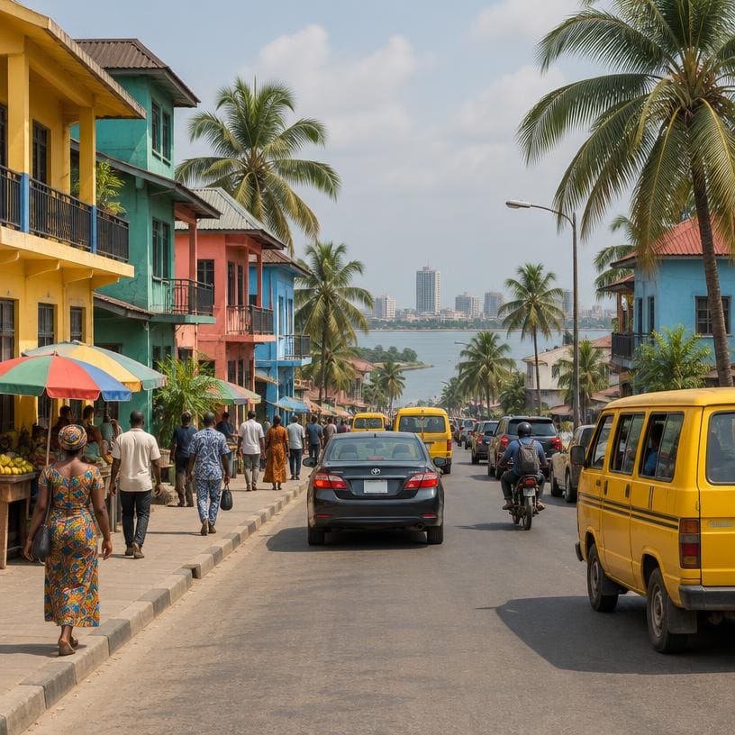 A busy Lagos street lined with palm trees