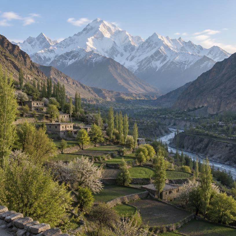 Green valley and snow-capped peaks in northern Pakistan