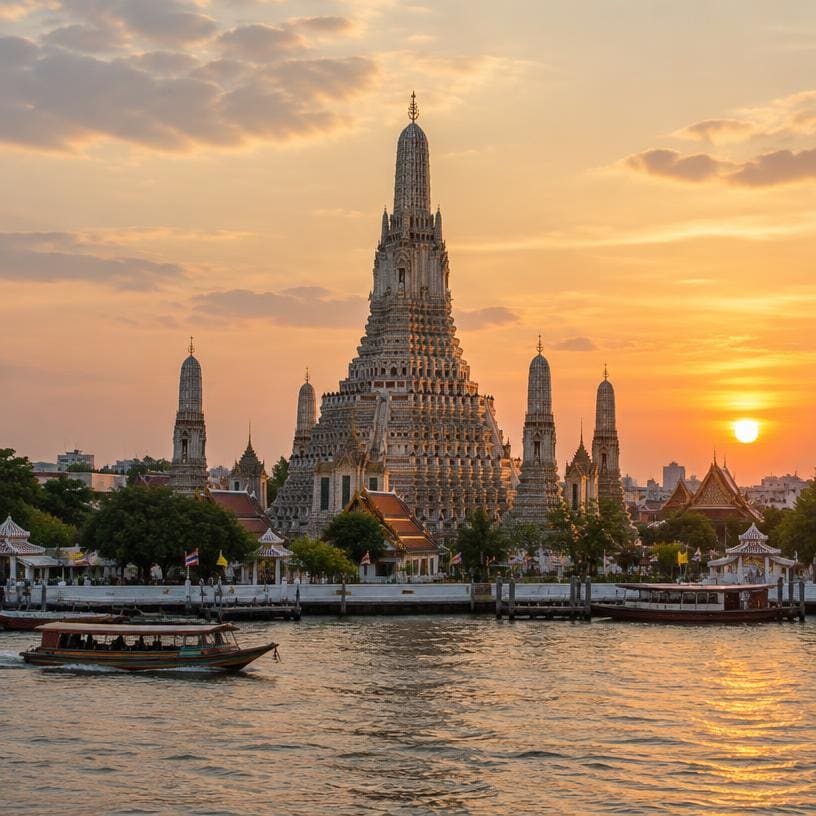 Wat Arun temple by the river in Bangkok at sunset