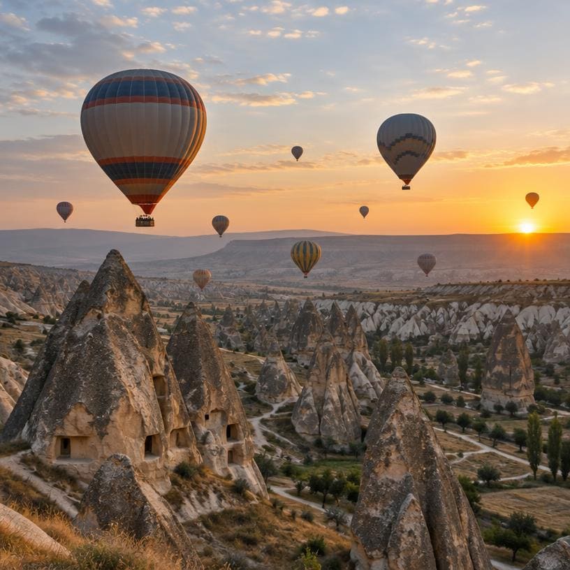 Hot air balloons over Cappadocia at sunrise