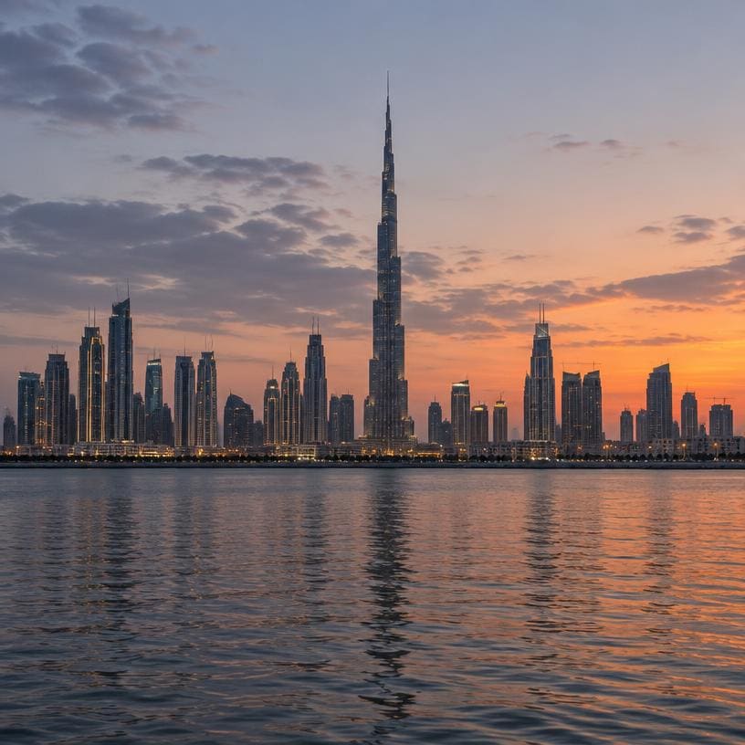 Dubai skyline with the Burj Khalifa at dusk