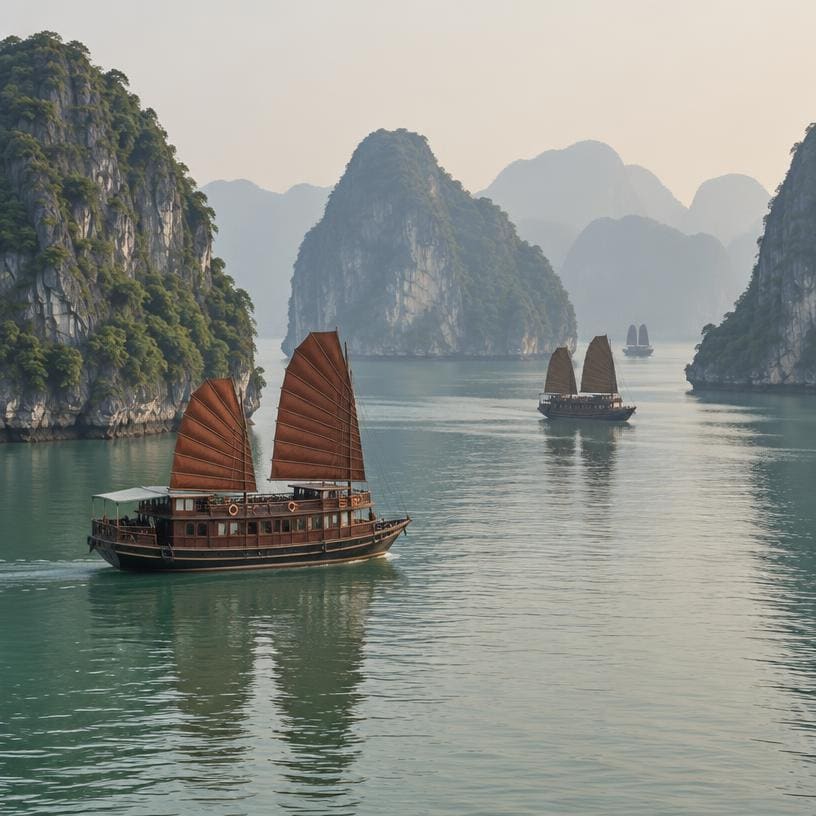 Wooden boats in Ha Long Bay among limestone islands